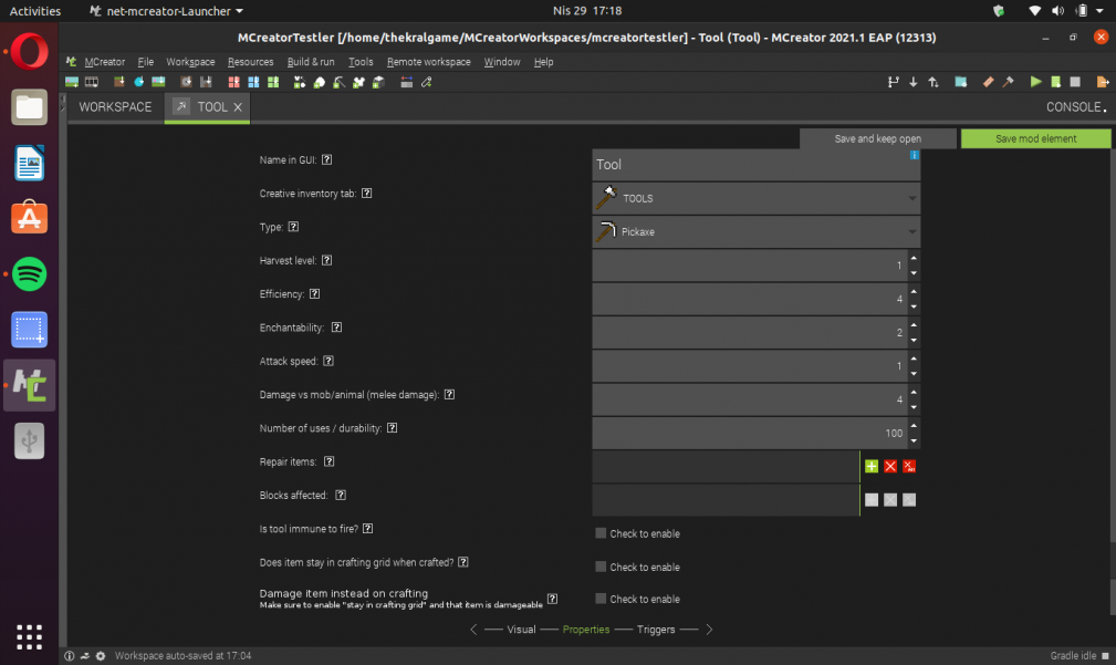 MCreator Tool Oluşturma Properties Sayfası!